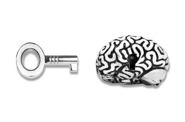 Human brain with a keyhole and a key on white