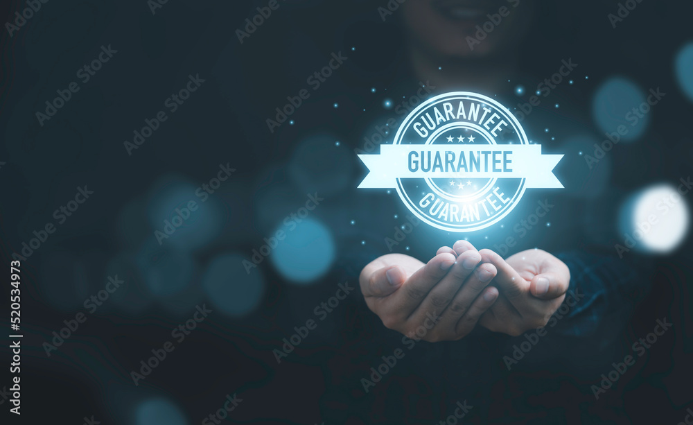Poster business hands showing virtual guarantee tag label for giving the best quality of product and servic