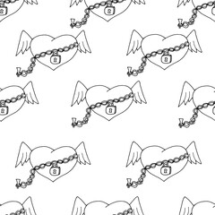 Obraz premium Seamless pattern of hearts with angel wings chained with a lock on a white background. Concept for Valentine's Day. Creative designer background with hearts.