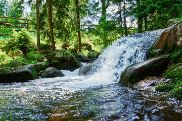 Lomnica river in Karpacz mountains in Poland, Fast mountain cascade river with stones, Beautiful nature landscape