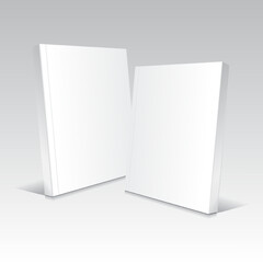 Blank white lean standing softcover thin books or magazines mockup template. Isolated on gradient gray background with shadow. Ready to use for your business. Realistic vector illustration.