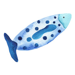 Watercolor hand-drawn illustration of blue fish on white isolated background