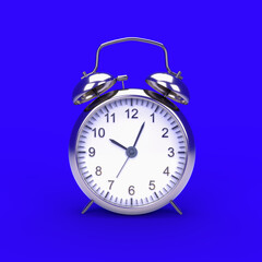 Alarm clock set isolated over blue background close-up. 3d rendering