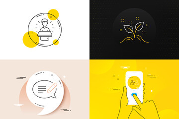 Minimal set of Startup concept, Communication and Message line icons. Phone screen, Quote banners. Brand ambassador icons. For web development. Launch project, Users talking, Speech bubble. Vector