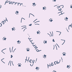 Vector seamless pattern with cats, cat footprints and words meow, purr, hey! Dark elements on a very light magenta background. Can be used for wallpaper, gift wrapping, fabric and other materials.