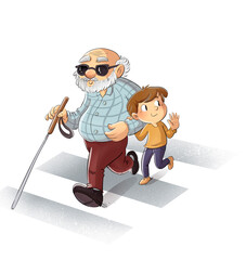 Illustration of a boy helping a blind old man to cross a street - 520536142