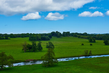 Fototapeta na wymiar A classic landscape of green hill and blue sky. A stream against a green lawn.