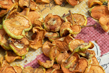 Dried apples. Homemade sun-dried organic apple slices, crispy apple chips.