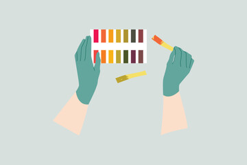 Reagent test strips. Scientist's hand in glove holding test strip, analysis. pH indicator, litmus paper, dipstick. Vector flat cartoon illustration