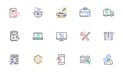 Repair line icons. Hammer, Screwdriver and Spanner tool. Washing machine repair linear icon set. Bicolor outline web elements. Vector