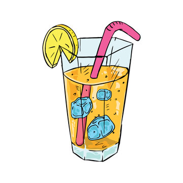 A hand-drawn vector glass with carbonated lemonade, a pink tube, blue ice cubes and a yellow lemon on a white background. Isolated.