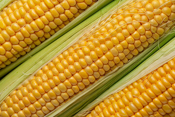 Fresh organic yellow corn with the kernels, cobs. Food Background.