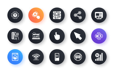 Minimal set of Question mark, Share and Refrigerator flat icons for web development. Wifi, Sound check, Metro map icons. Mouse cursor, Contactless payment, Washing machine web elements. Vector