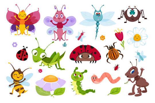 Flat vector set of cute insects. Funny bugs, smiling beetles and flowers isolated on white background. Kids collection of grasshopper, dragonfly with wings, ant, bee, caterpillar and red ladybug.