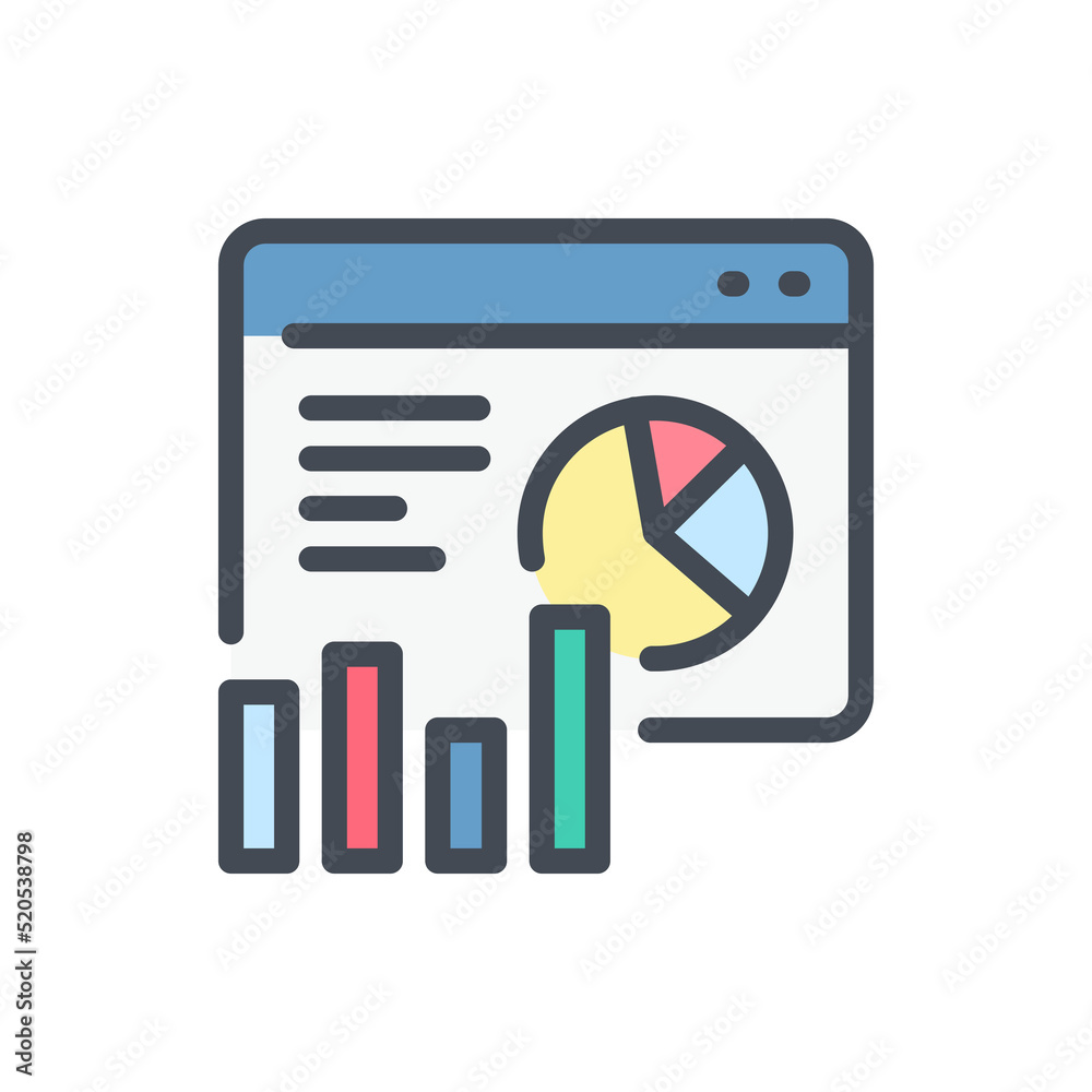 Poster Online statistics and web analytics report color line icon. Website with pie chart and graph report vector outline colorful sign.