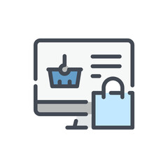 Obraz premium Online store and shopping color line icon. Computer with shopping basket and bag vector outline colorful sign.