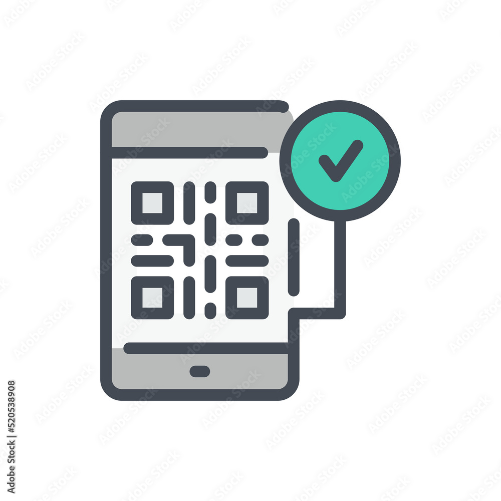 Poster mobile phone with qr code and check mark in circle color line icon. approved qr code on smartphone v