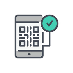 Mobile phone with QR code and check mark in circle color line icon. Approved QR code on smartphone vector outline colorful sign.