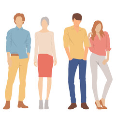 Fototapeta premium Set of young men and women, different colors, cartoon character, group of silhouettes of walking business people, students, the design concept of flat icon, isolated on white background