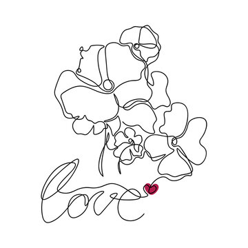 Continuous one line drawing tender flowers with leaves and with the word love.Minimalist design on white background