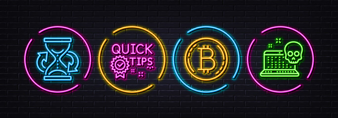 Quick tips, Bitcoin and Hourglass minimal line icons. Neon laser 3d lights. Cyber attack icons. For web, application, printing. Helpful tricks, Cryptocurrency coin, Sand watch. Vector