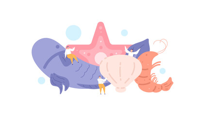 marine products. people celebrate feasts and enjoy abundant seafood. harvest from the sea. starfish, fish, shrimp, shellfish. flat cartoon illustration. vector concept design. can be used for website
