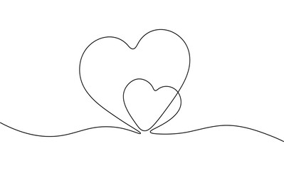 Continuous line drawing of two hearts isolated on white background. Black and white graphics. One line two hearts in a minimalist design.