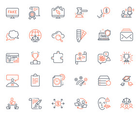 Education icons set. Included icon as Clipboard, Correct answer and Judge hammer web elements. Project deadline, Fake internet, Dollar exchange icons. Certificate, Work home. Vector