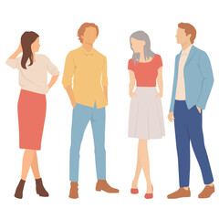 Fototapeta premium Set of young men and women, different colors, cartoon character, group of silhouettes of walking business people, students, the design concept of flat icon, isolated on white background
