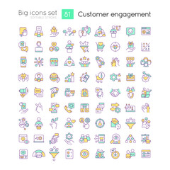 Customer engagement RGB color icons set. Ecommerce. Marketing strategies. Isolated vector illustrations. Simple filled line drawings collection. Editable stroke. Quicksand-Light font used