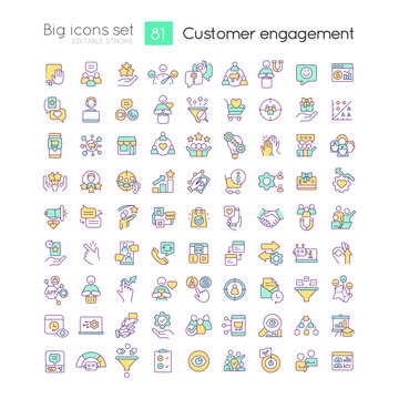 Customer Engagement RGB Color Icons Set. Ecommerce. Marketing Strategies. Isolated Vector Illustrations. Simple Filled Line Drawings Collection. Editable Stroke. Quicksand-Light Font Used