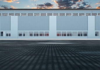 Fototapeta premium Industrial background. Concrete platform in front of industrial buildings. Area for unloading or parking. Hangar exterior for Industrial company. Renting building for factory concept. 3d image.