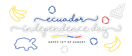 Ecuador independence day handwritten lettering typography calligraphy with abstract Ecuador flag ribbon and symbols tortoise, rondador, bananas, flowers isolated on white background - obrazy, fototapety, plakaty