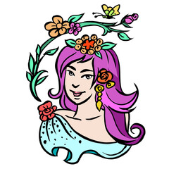 Obraz na płótnie Canvas Purple hair woman with flowers vector for card illustration decoration