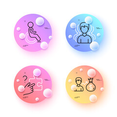 Search puzzle, Sallary and Disability minimal line icons. 3d spheres or balls buttons. Group icons. For web, application, printing. Jigsaw game, Person earnings, Wheelchair user. Vector