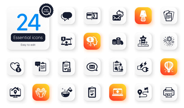 Set of Business flat icons. Share mail, Fireworks and Checklist elements for web application. Vip podium, Talk bubble, Internet downloading icons. Print image, Cooking water. Vector