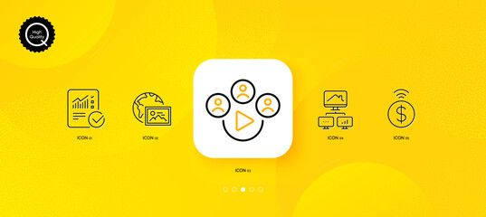 Fototapeta na wymiar Work home, Checked calculation and Contactless payment minimal line icons. Yellow abstract background. Video conference, Web photo icons. For web, application, printing. Vector
