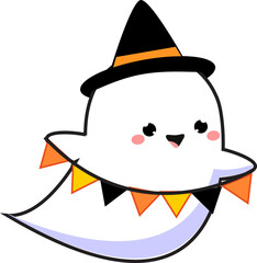 Cute Halloween ghost in hat. Adorable character in kawaii style for seasonal celebration design. isolated vector clip art