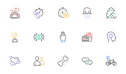 Face recognition, Heart and Burger line icons for website, printing. Collection of 5g internet, Timer, Users icons. Lgbt, Bicycle parking, Idea head web elements. Education. Vector