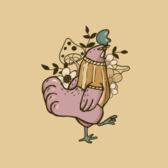 A beautiful rooster in glasses and clothes on a background of flowers and leaves. Rooster. Bird. Postcard, banner, web, print, textile. Hand-drawn. Vector illustration