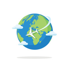 Plane flying around the world isolated on white background. Travel concept. Vector stock