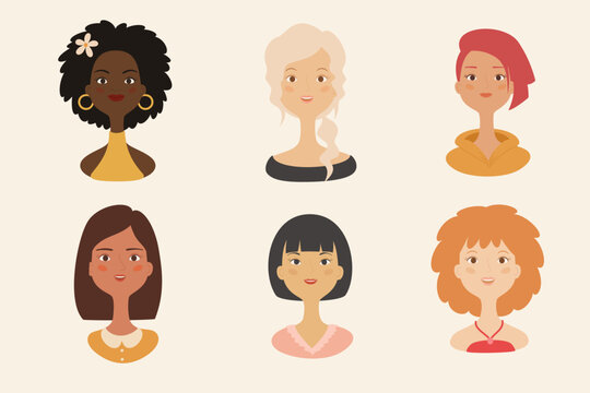 Set of women avatar icons. White, black, asian woman portrait.Team icons collection. Vector illustration.
