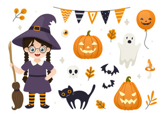 Cute little witch girl and halloween decoration set. Collection of halloween decor and kid in costume.