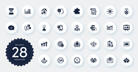 Set of Education icons, such as Survey check, Business idea and Meeting time flat icons. Group, Winner reward, Court judge web elements. Safe time, Messenger mail, Presentation signs. Vector