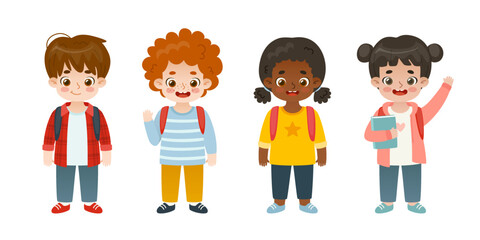 Set of diverse school children. Happy cartoon kids standing. Cute pupils collection.