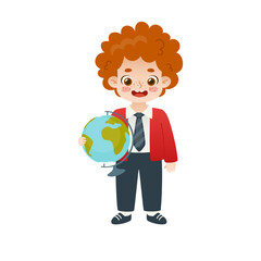 Cute school boy in uniform standing with globe. Happy cartoon student with world map. Adorable red hair pupil.