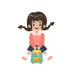 Cute school girl jumping with backpack. Happy cartoon student. Adorable asian baby girl with pigtails.
