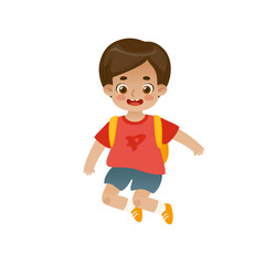 Cute jumping school boy with backpack. Adorable playful kid. Cartoon little student.