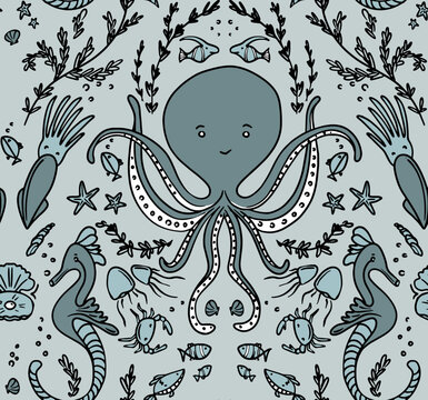 octopus marine life seamless pattern damask design , sea horse ocean animals , pearl seashell crab jellyfish, fish