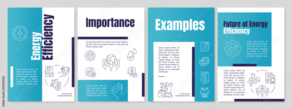 Wall mural Energy efficiency blue brochure template. Power conservation. Leaflet design with linear icons. Editable 4 vector layouts for presentation, annual reports. Anton, Lato-Regular fonts used - Wall murals
